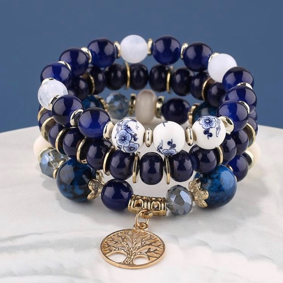 Blue Three Piece Beaded Tree of Life Charm Bracelet - Picture 1 of 5